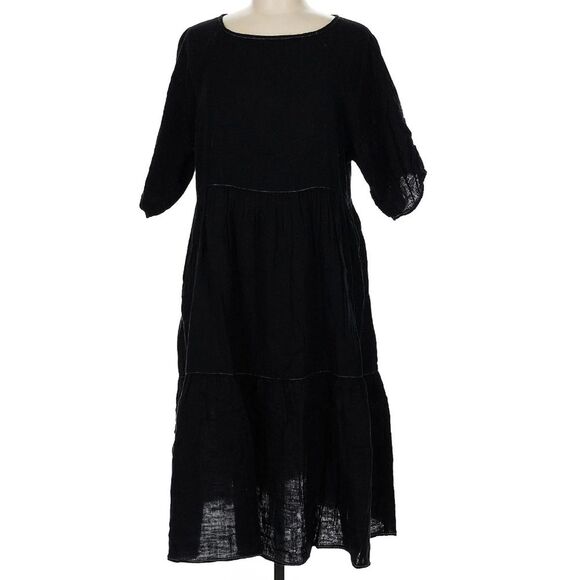 Johnny Was Calme Raglan Tiered Dress Black Gauze Midi 100% Cotton Medium - Picture 2 of 7